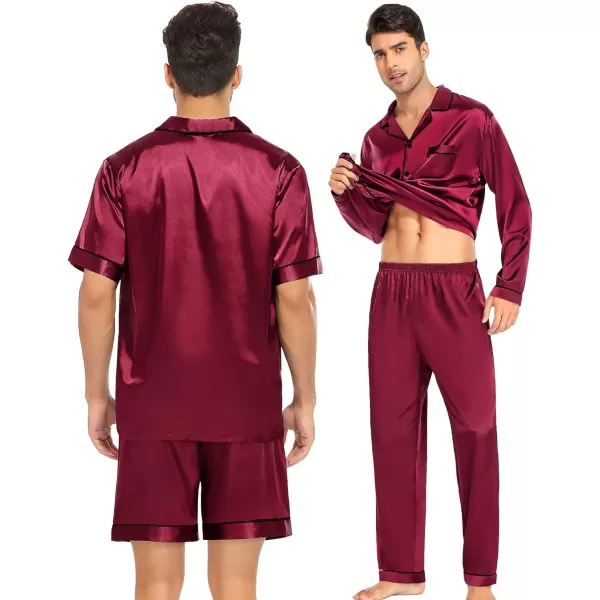 SWOMOG 4 pcs Men Satin Pajamas Set Silk ButtonDown PJs Sets Soft Lounge Sets Classic Silk SleepwearWine Red