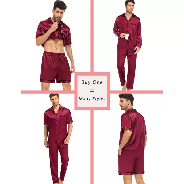 SWOMOG 4 pcs Men Satin Pajamas Set Silk ButtonDown PJs Sets Soft Lounge Sets Classic Silk SleepwearWine Red