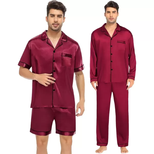 SWOMOG 4 pcs Men Satin Pajamas Set Silk ButtonDown PJs Sets Soft Lounge Sets Classic Silk SleepwearWine Red