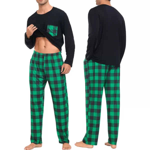 SWOMOG Adult Christmas Pajamas Buffalo Plaid Pajama Pants with Pockets Long Sleeve Tops for Couples amp FamilyMen Black amp Green Plaid