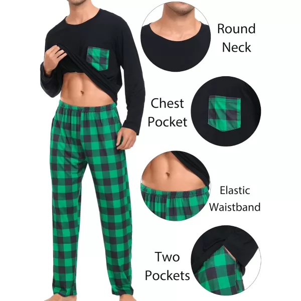 SWOMOG Adult Christmas Pajamas Buffalo Plaid Pajama Pants with Pockets Long Sleeve Tops for Couples amp FamilyMen Black amp Green Plaid