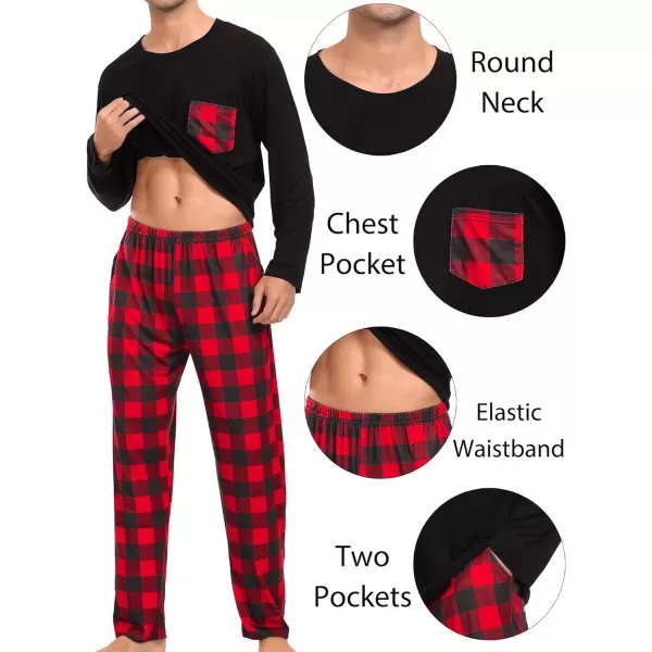 SWOMOG Adult Christmas Pajamas Buffalo Plaid Pajama Pants with Pockets Long Sleeve Tops for Couples amp FamilyMen Black amp Red Plaid