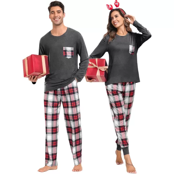 SWOMOG Adult Christmas Pajamas Buffalo Plaid Pajama Pants with Pockets Long Sleeve Tops for Couples amp FamilyMen Deep Grey