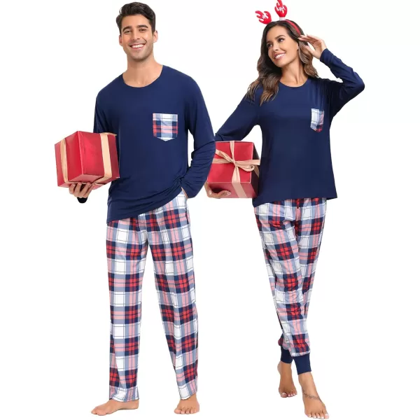 SWOMOG Adult Christmas Pajamas Buffalo Plaid Pajama Pants with Pockets Long Sleeve Tops for Couples amp FamilyMen Navy Blue