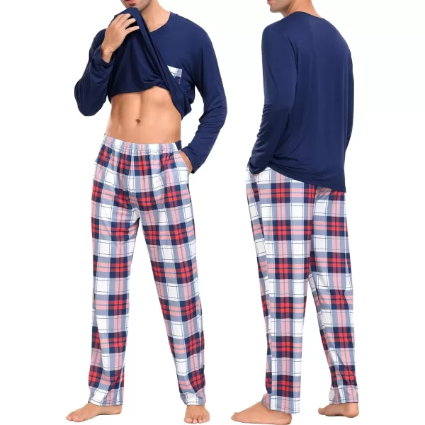 SWOMOG Adult Christmas Pajamas Buffalo Plaid Pajama Pants with Pockets Long Sleeve Tops for Couples amp FamilyMen Navy Blue