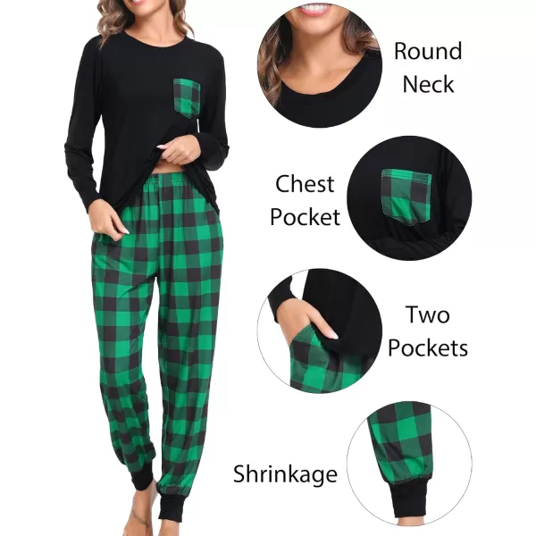 SWOMOG Adult Christmas Pajamas Buffalo Plaid Pajama Pants with Pockets Long Sleeve Tops for Couples amp FamilyWomen Black amp Green Plaid