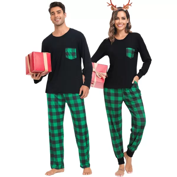 SWOMOG Adult Christmas Pajamas Buffalo Plaid Pajama Pants with Pockets Long Sleeve Tops for Couples amp FamilyWomen Black amp Green Plaid