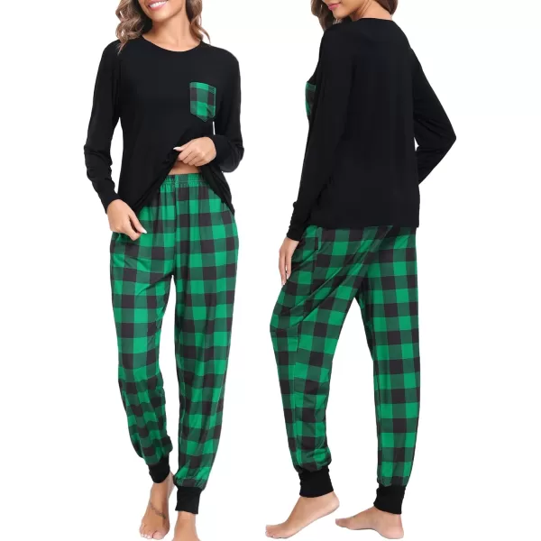 SWOMOG Adult Christmas Pajamas Buffalo Plaid Pajama Pants with Pockets Long Sleeve Tops for Couples amp FamilyWomen Black amp Green Plaid