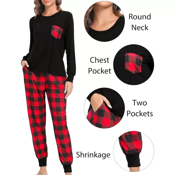 SWOMOG Adult Christmas Pajamas Buffalo Plaid Pajama Pants with Pockets Long Sleeve Tops for Couples amp FamilyWomen Black amp Red Plaid