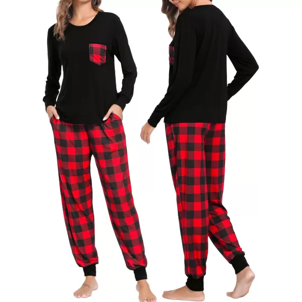 SWOMOG Adult Christmas Pajamas Buffalo Plaid Pajama Pants with Pockets Long Sleeve Tops for Couples amp FamilyWomen Black amp Red Plaid