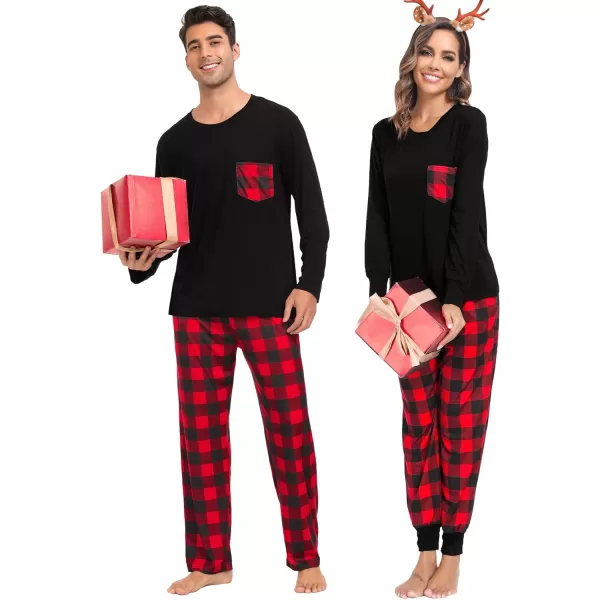 SWOMOG Adult Christmas Pajamas Buffalo Plaid Pajama Pants with Pockets Long Sleeve Tops for Couples amp FamilyWomen Black amp Red Plaid