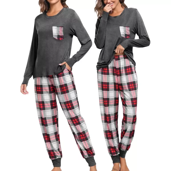 SWOMOG Adult Christmas Pajamas Buffalo Plaid Pajama Pants with Pockets Long Sleeve Tops for Couples amp FamilyWomen Deep Grey