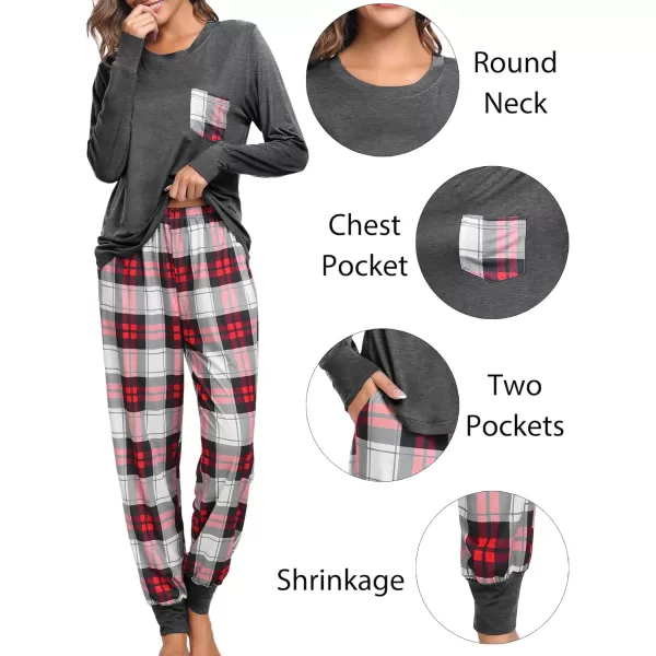 SWOMOG Adult Christmas Pajamas Buffalo Plaid Pajama Pants with Pockets Long Sleeve Tops for Couples amp FamilyWomen Deep Grey