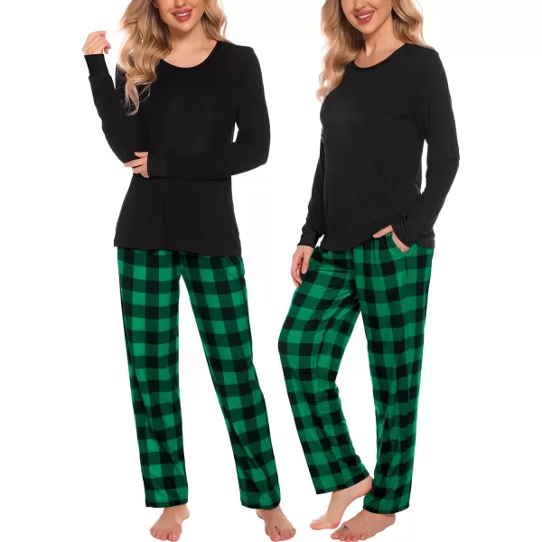 SWOMOG Adult Christmas Pajamas Buffalo Plaid Pajama Pants with Pockets Long Sleeve Tops for Couples amp FamilyWomen Green Grid amp No Chest Pocket