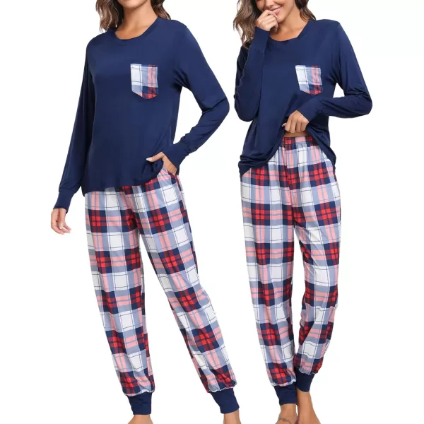 SWOMOG Adult Christmas Pajamas Buffalo Plaid Pajama Pants with Pockets Long Sleeve Tops for Couples amp FamilyWomen Navy Blue