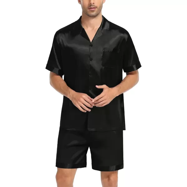 SWOMOG Couple Matching Pajamas Set Satin Short Sleeve Sleepwear Silky Pj Set for WomenMen ButtonDown TwoPieces NightwearBlackmen