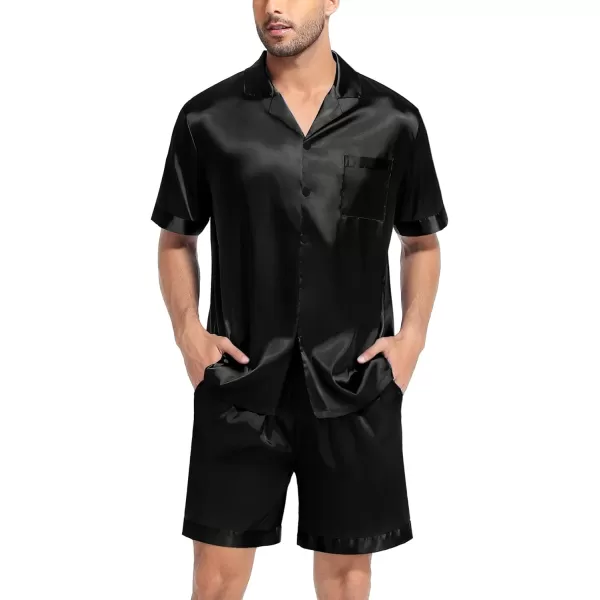 SWOMOG Couple Matching Pajamas Set Satin Short Sleeve Sleepwear Silky Pj Set for WomenMen ButtonDown TwoPieces NightwearBlackmen