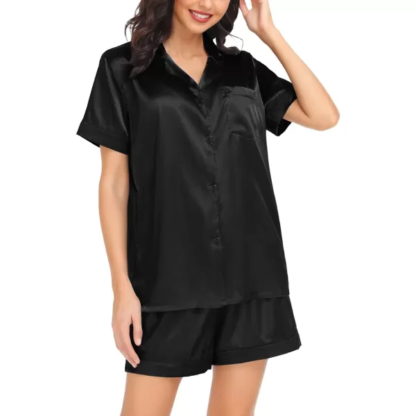 SWOMOG Couple Matching Pajamas Set Satin Short Sleeve Sleepwear Silky Pj Set for WomenMen ButtonDown TwoPieces NightwearBlackwomen