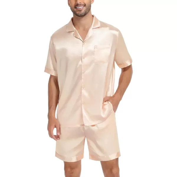 SWOMOG Couple Matching Pajamas Set Satin Short Sleeve Sleepwear Silky Pj Set for WomenMen ButtonDown TwoPieces NightwearChampagnemen