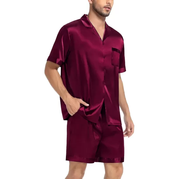 SWOMOG Couple Matching Pajamas Set Satin Short Sleeve Sleepwear Silky Pj Set for WomenMen ButtonDown TwoPieces NightwearDeep Wine Redmen