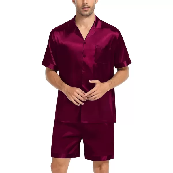 SWOMOG Couple Matching Pajamas Set Satin Short Sleeve Sleepwear Silky Pj Set for WomenMen ButtonDown TwoPieces NightwearDeep Wine Redmen