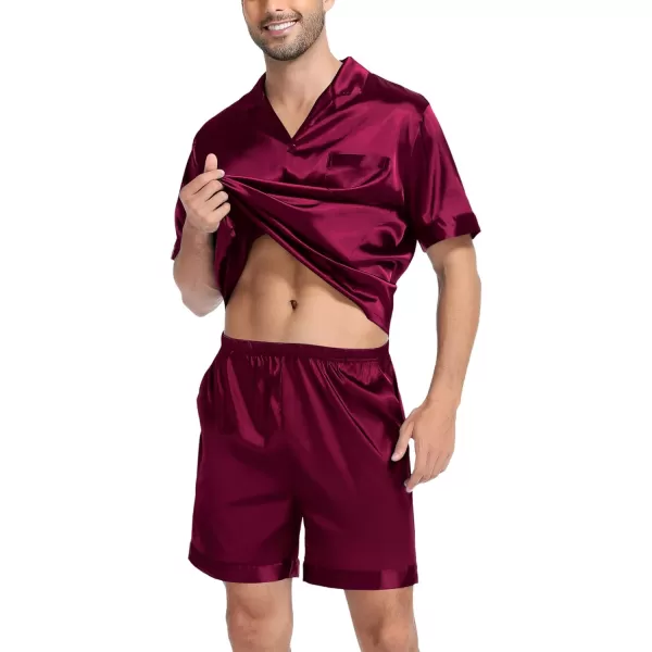 SWOMOG Couple Matching Pajamas Set Satin Short Sleeve Sleepwear Silky Pj Set for WomenMen ButtonDown TwoPieces NightwearDeep Wine Redmen