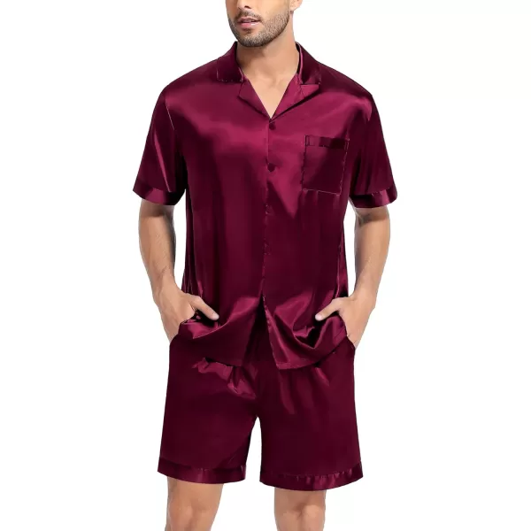 SWOMOG Couple Matching Pajamas Set Satin Short Sleeve Sleepwear Silky Pj Set for WomenMen ButtonDown TwoPieces NightwearDeep Wine Redmen