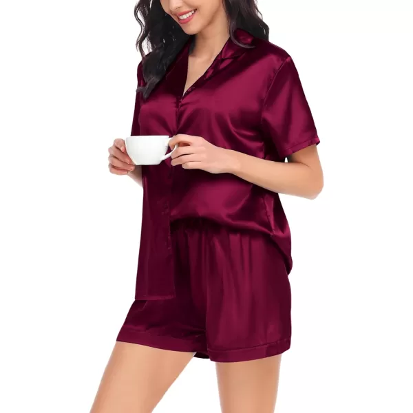 SWOMOG Couple Matching Pajamas Set Satin Short Sleeve Sleepwear Silky Pj Set for WomenMen ButtonDown TwoPieces NightwearDeep Wine Redwomen