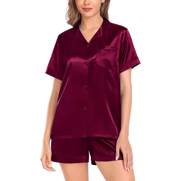 SWOMOG Couple Matching Pajamas Set Satin Short Sleeve Sleepwear Silky Pj Set for WomenMen ButtonDown TwoPieces NightwearDeep Wine Redwomen