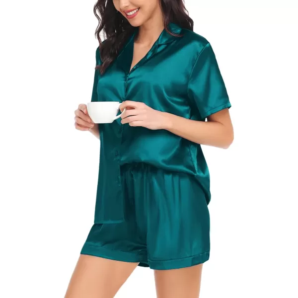 SWOMOG Couple Matching Pajamas Set Satin Short Sleeve Sleepwear Silky Pj Set for WomenMen ButtonDown TwoPieces NightwearGreenwomen