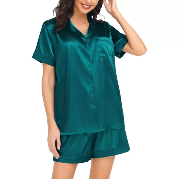 SWOMOG Couple Matching Pajamas Set Satin Short Sleeve Sleepwear Silky Pj Set for WomenMen ButtonDown TwoPieces NightwearGreenwomen