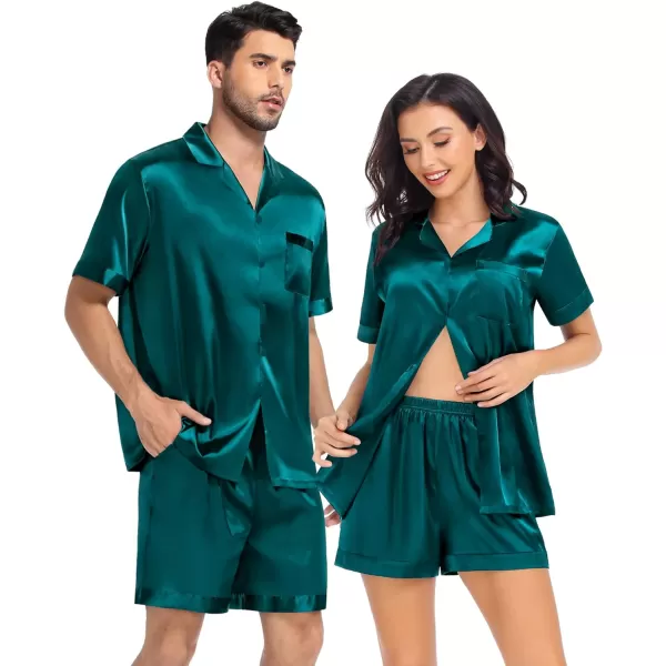 SWOMOG Couple Matching Pajamas Set Satin Short Sleeve Sleepwear Silky Pj Set for WomenMen ButtonDown TwoPieces NightwearGreenwomen