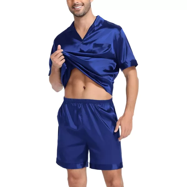 SWOMOG Couple Matching Pajamas Set Satin Short Sleeve Sleepwear Silky Pj Set for WomenMen ButtonDown TwoPieces NightwearNavy Bluemen