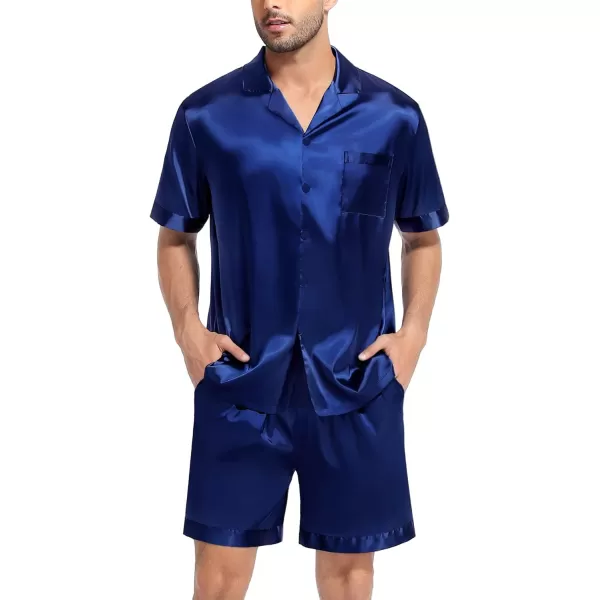 SWOMOG Couple Matching Pajamas Set Satin Short Sleeve Sleepwear Silky Pj Set for WomenMen ButtonDown TwoPieces NightwearNavy Bluemen