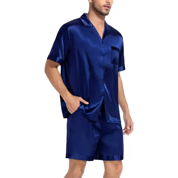 SWOMOG Couple Matching Pajamas Set Satin Short Sleeve Sleepwear Silky Pj Set for WomenMen ButtonDown TwoPieces NightwearNavy Bluemen