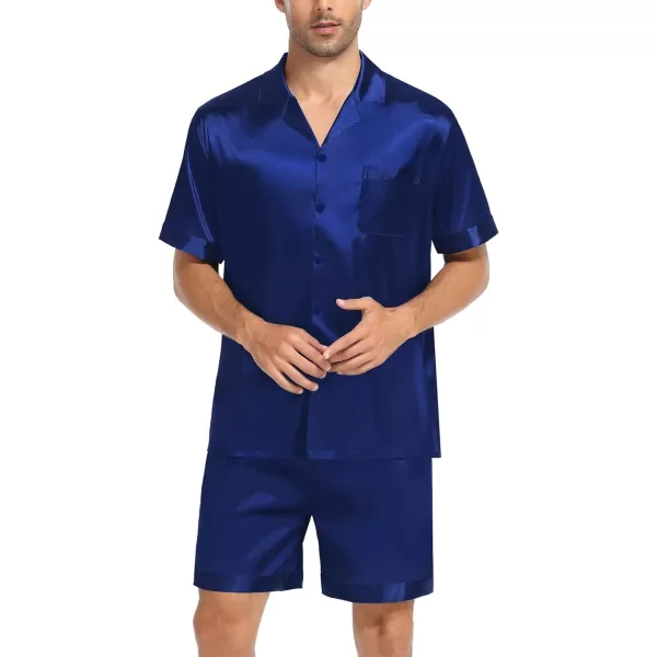 SWOMOG Couple Matching Pajamas Set Satin Short Sleeve Sleepwear Silky Pj Set for WomenMen ButtonDown TwoPieces NightwearNavy Bluemen