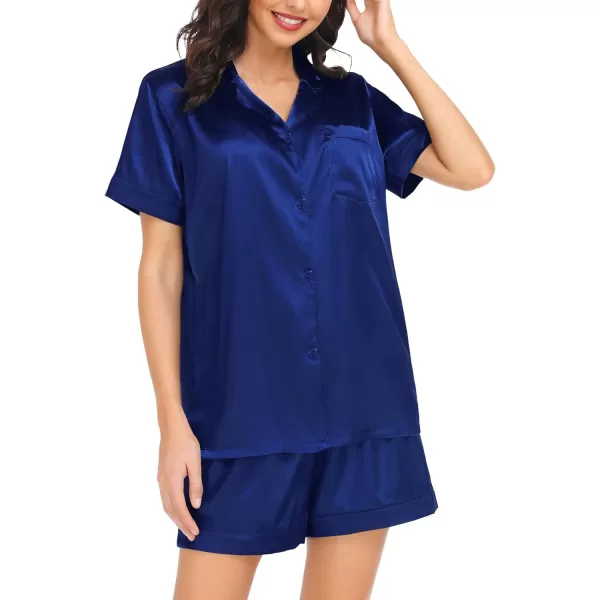 SWOMOG Couple Matching Pajamas Set Satin Short Sleeve Sleepwear Silky Pj Set for WomenMen ButtonDown TwoPieces NightwearNavy Bluewomen