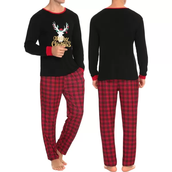 SWOMOG Couple Pajamas Set Christmas Matching Pjs Long Sleeve Set Xmas Printed Pajamas for MenampWomen Plaid Pants with PocketsMen Black Xmas Reindeerampplaid