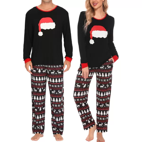 SWOMOG Couple Pajamas Set Christmas Matching Pjs Long Sleeve Set Xmas Printed Pajamas for MenampWomen Plaid Pants with PocketsMen Christmas Hat