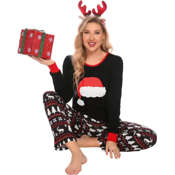 SWOMOG Couple Pajamas Set Christmas Matching Pjs Long Sleeve Set Xmas Printed Pajamas for MenampWomen Plaid Pants with PocketsMen Christmas Hat