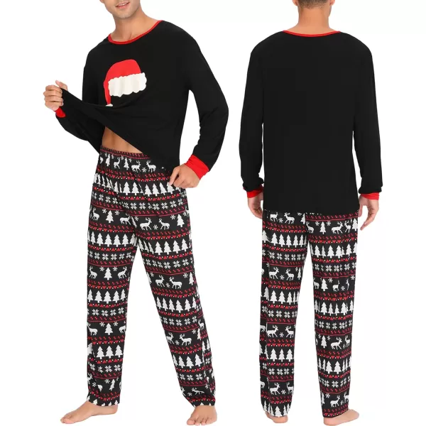 SWOMOG Couple Pajamas Set Christmas Matching Pjs Long Sleeve Set Xmas Printed Pajamas for MenampWomen Plaid Pants with PocketsMen Christmas Hat