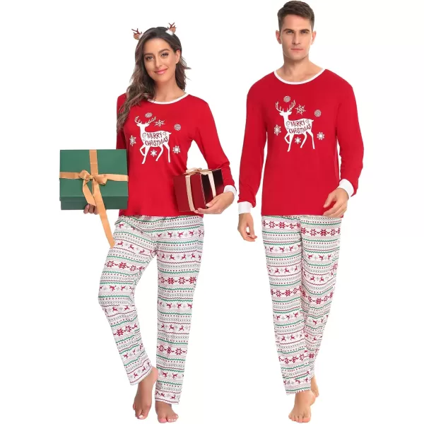 SWOMOG Couple Pajamas Set Christmas Matching Pjs Long Sleeve Set Xmas Printed Pajamas for MenampWomen Plaid Pants with PocketsMen Red Xmas Reindeer