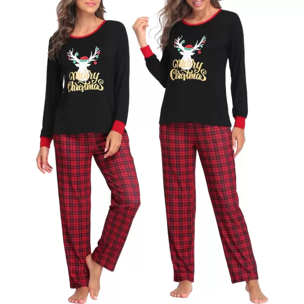 SWOMOG Couple Pajamas Set Christmas Matching Pjs Long Sleeve Set Xmas Printed Pajamas for MenampWomen Plaid Pants with PocketsWomen Black Xmas Reindeerampplaid