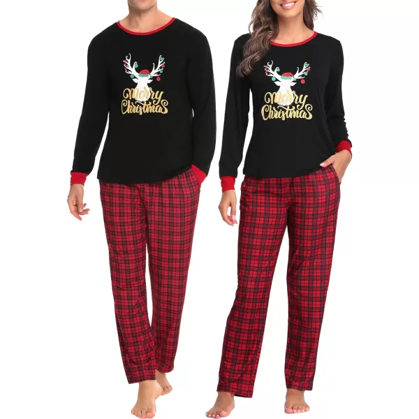 SWOMOG Couple Pajamas Set Christmas Matching Pjs Long Sleeve Set Xmas Printed Pajamas for MenampWomen Plaid Pants with PocketsWomen Black Xmas Reindeerampplaid