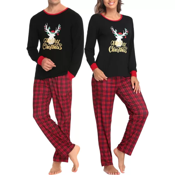 SWOMOG Couple Pajamas Set Christmas Matching Pjs Long Sleeve Set Xmas Printed Pajamas for MenampWomen Plaid Pants with PocketsWomen Black Xmas Reindeerampplaid