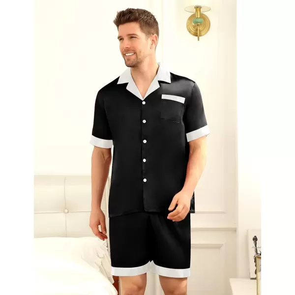 SWOMOG Couples Matching Pajama Set Silk Satin Short Sleeve Pjs Set Top and Shorts Sleepwear Soft ButtonDown LoungewearMen Black