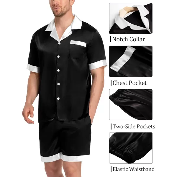 SWOMOG Couples Matching Pajama Set Silk Satin Short Sleeve Pjs Set Top and Shorts Sleepwear Soft ButtonDown LoungewearMen Black