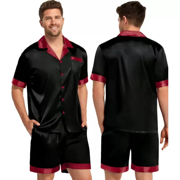 SWOMOG Couples Matching Pajama Set Silk Satin Short Sleeve Pjs Set Top and Shorts Sleepwear Soft ButtonDown LoungewearMen BlackRed