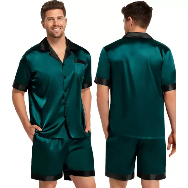 SWOMOG Couples Matching Pajama Set Silk Satin Short Sleeve Pjs Set Top and Shorts Sleepwear Soft ButtonDown LoungewearMen Deep Green