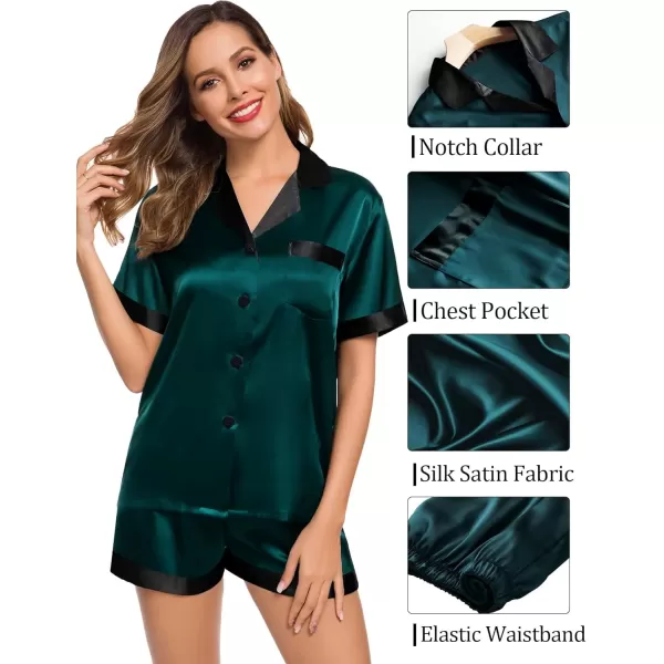 SWOMOG Couples Matching Pajama Set Silk Satin Short Sleeve Pjs Set Top and Shorts Sleepwear Soft ButtonDown LoungewearMen Deep Green